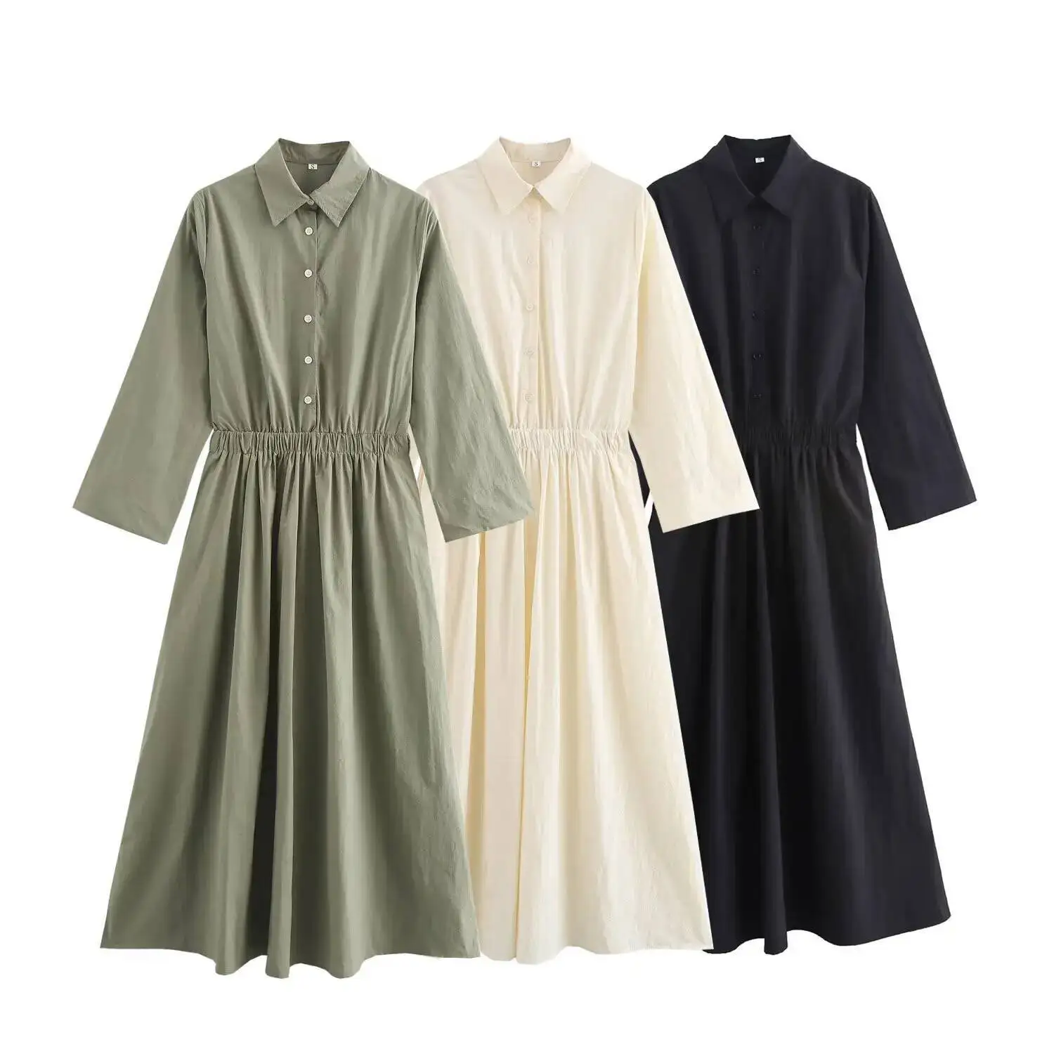 

2025 New Women's Clothing Fashion Solid Color Temperament Waist Long Shirt Style Side Pocket Midi Dress