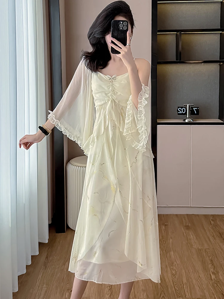 2025 Estate bianco stampa increspato chic fiocco fionda vestito + nappa top camicie due pezzi set donna moda coreana elegante abito casual