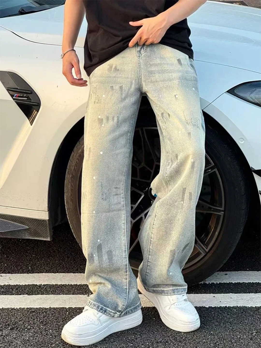 

Мужские винтажные джинсы Waed с прямыми штанинами, эффектом чернильных брызг, зауженные, в уличном стиле, со средней посадкой, на молнии, повседневные брюки