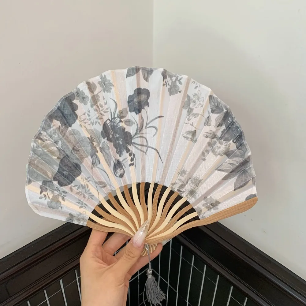 Chinese Style Hand Fold Fan Portable Woman Men Silk Flower Folding Fan Bamboo Wood Dance Props Retro Shell Fan