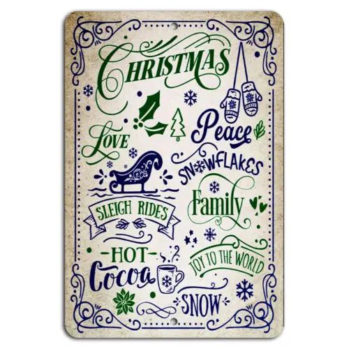 Christmas Love Peace Snowflakes Sleigh Rides Family Joy Vintage Sign  -aluminum