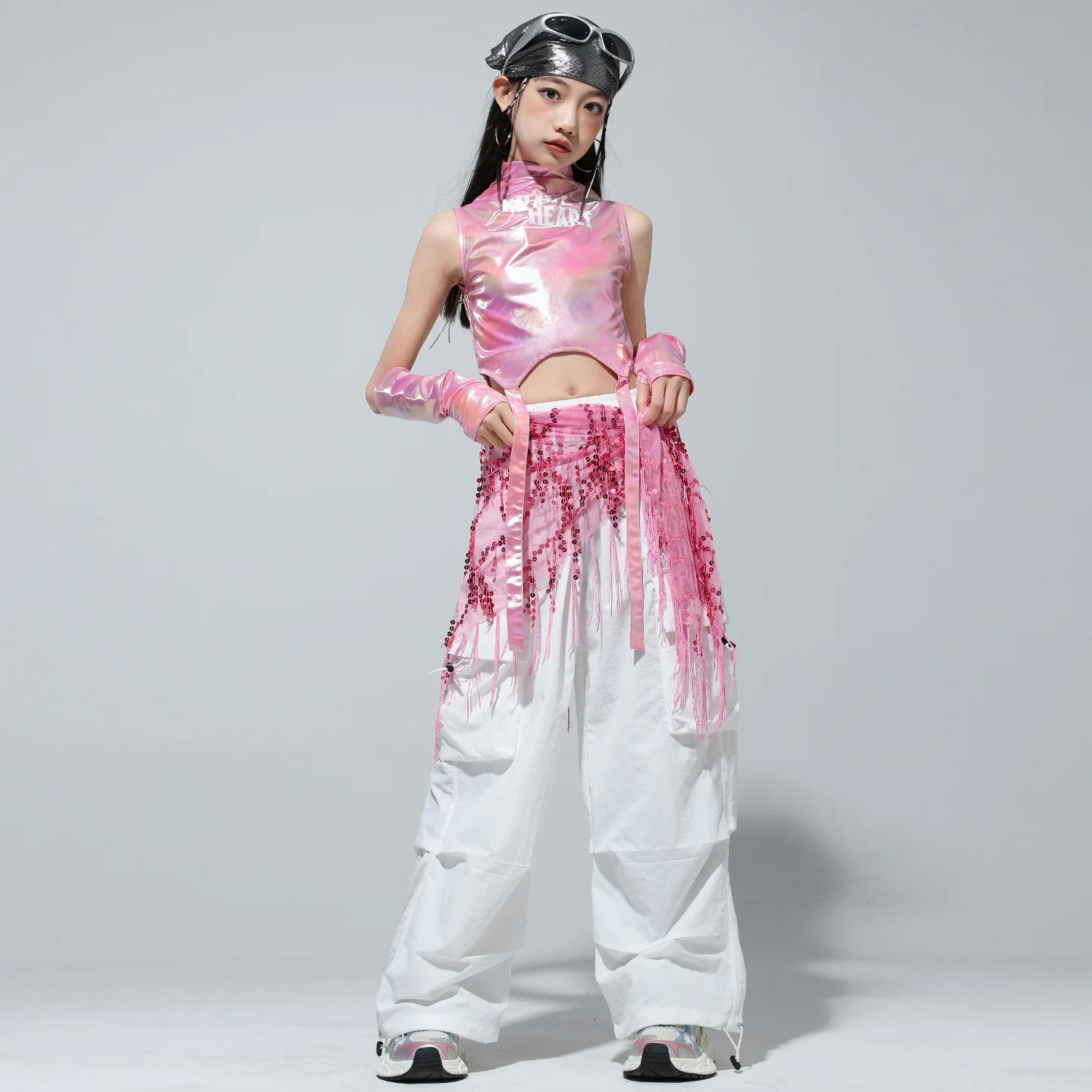 Kid Hip Hop Kleidung Laser Rosa Mock Neck Strap Crop Tank Top Weiß Straße Fallschirm Cargo Hosen für Mädchen Tanz Kostüm Kleidung