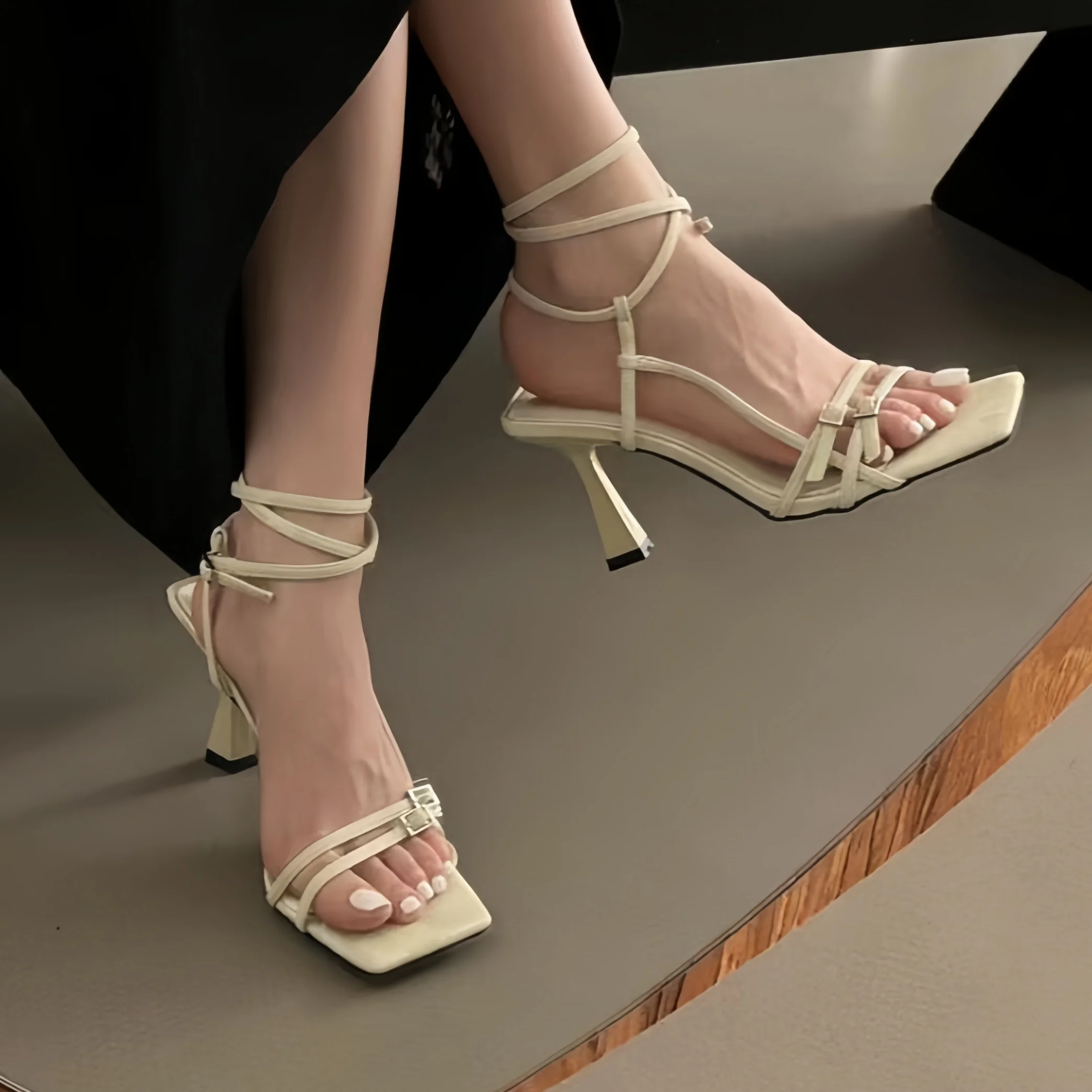 

Дизайнерские сандалии с открытым носком на высоком каблуке в корейском стиле, минималистичные повседневные сандалии на высоком каблуке в стиле феи