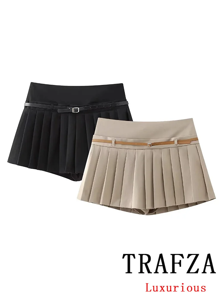 KONDALA Vintage Casual Chic Women Solid Shorts Skirt Zipper Draped Belt Skirt Fashion 2024 Spring Elegant Female Shorts Skirt