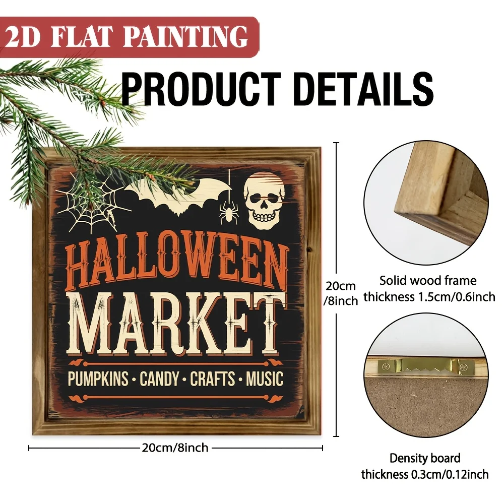 2D Flat, 1pc, Vintage Halloween Market Wooden Framed Sign, Spooky Harvest Theme, Wall Decoration, Farmhouse, Kitchen, Living Room, Entryway, Home, Decorative Sign, 8X8 Inch