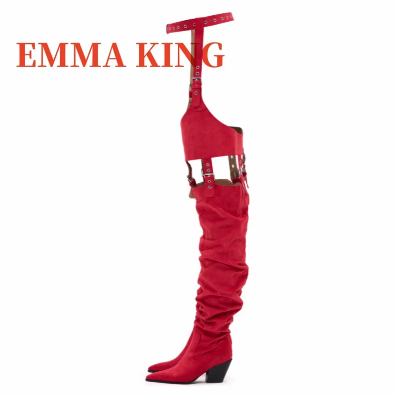 الأحمر فو الجلد المدبوغ الغربية Chap التمهيد أشار تو إسفين كعب الفخذ عالية Bootie موضة الأحذية النسائية المنصة الشتاء راعية البقر الأحذية