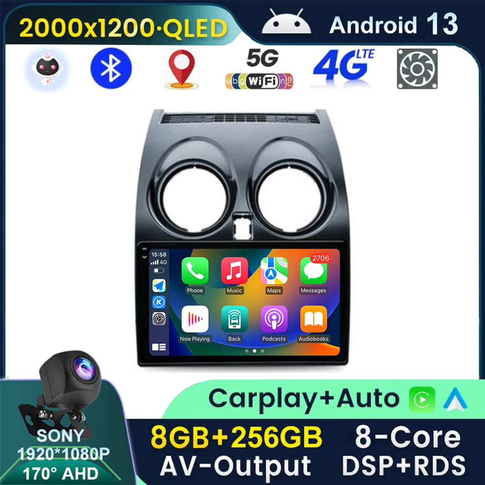 

QLED 2K автомобильный радиоприемник Android 13 для Nissan Qashqai 1 J10 2006-2013 мультимедиа Carplay GPS навигация Авто Стерео DVD