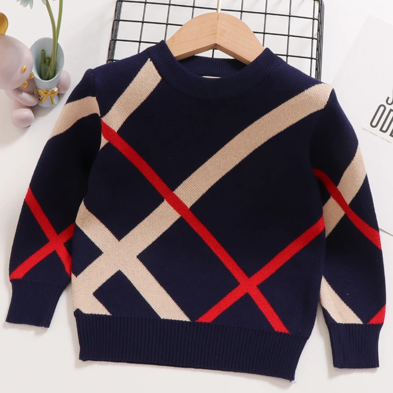 New Autumn Winter Children\'s Sweater Underlay T-Shirt Round Neck Double Layer Cotton Stripe Small and Medium Sweater