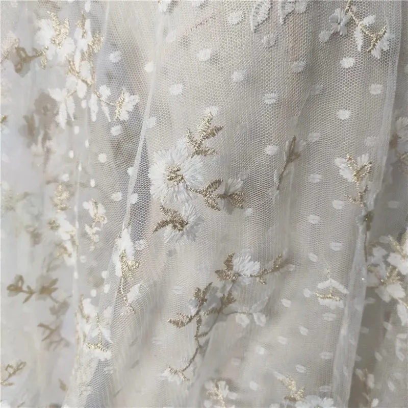 White Polka Dot Mesh Embroidered Flowers Lace Fabric Tulle Fabric for Wedding Dress Skirt