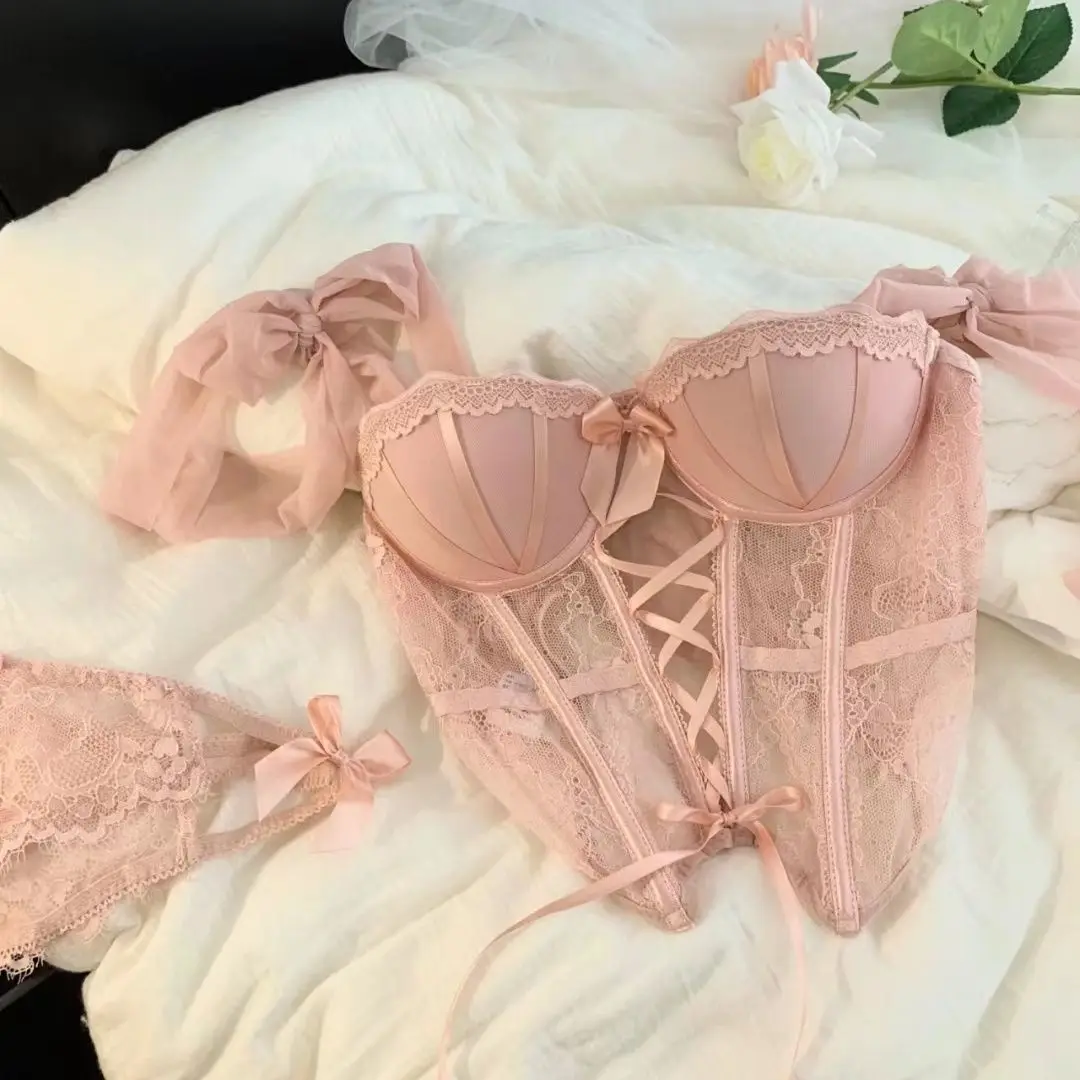 Sweet Sexy Lace Lingerie Bra Set Fishbone Corset Spicy Girl Thin Strap Gathered Type Women\'s Underwear