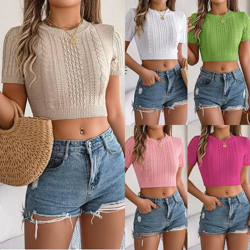 

Casual Knitted ort Sve Twist Summer Vaion Top Women's Loose Fit Mid-Thi Knitwear Asymmetrical Design Cross-Border F...