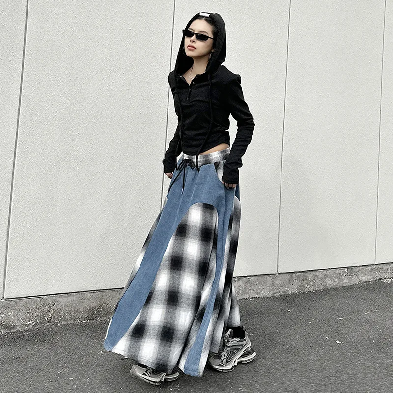 Denim Women Skirts Plaid Spliced Skirt Patchwork A Line High Waist Drawstring Ankle Length Loose Office Lady Casual 2025 Autumn