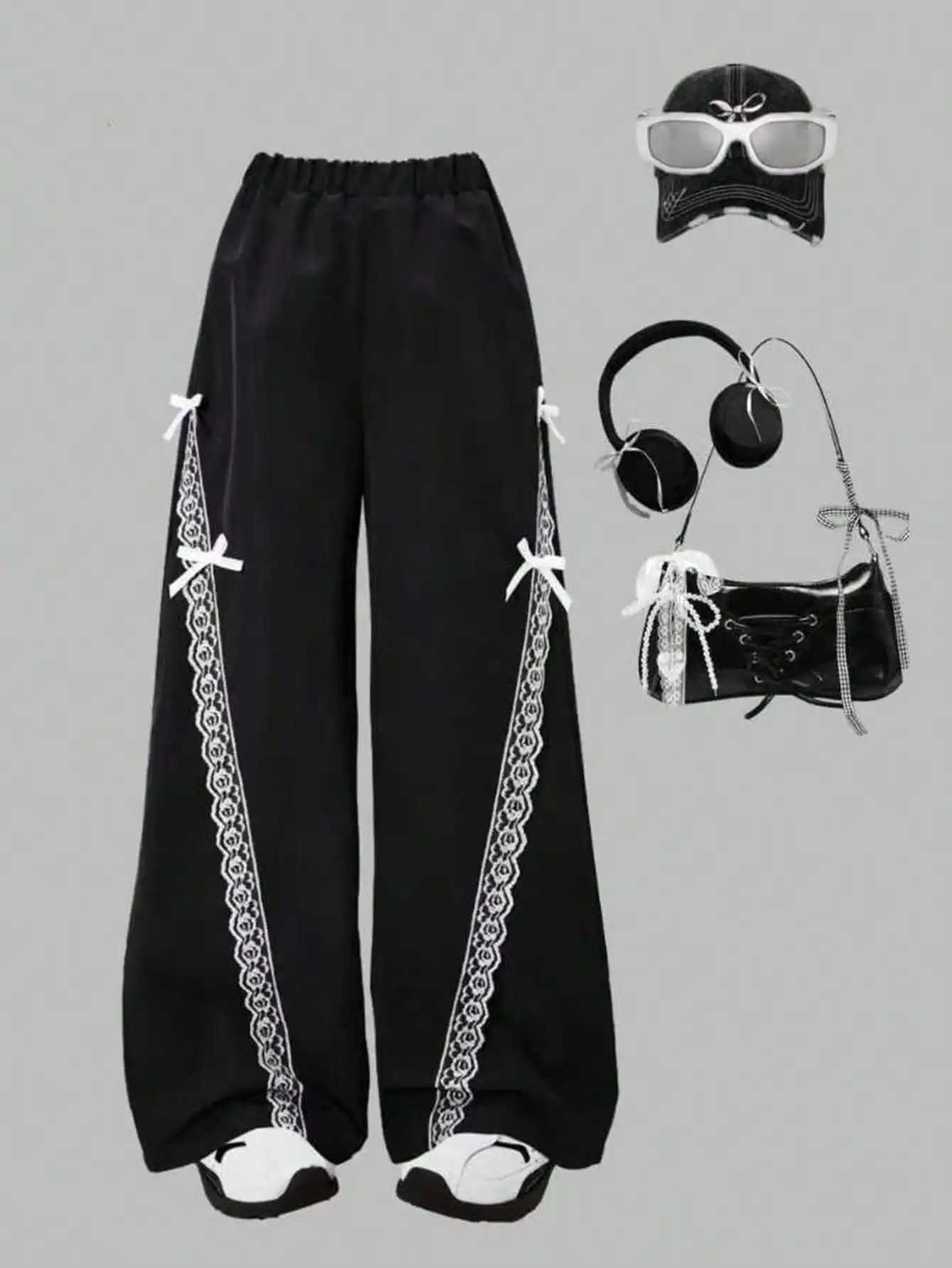 Girls' fashionable wide leg pants for spring and autumn, girls' outdoor casual simple lace edge bow pants