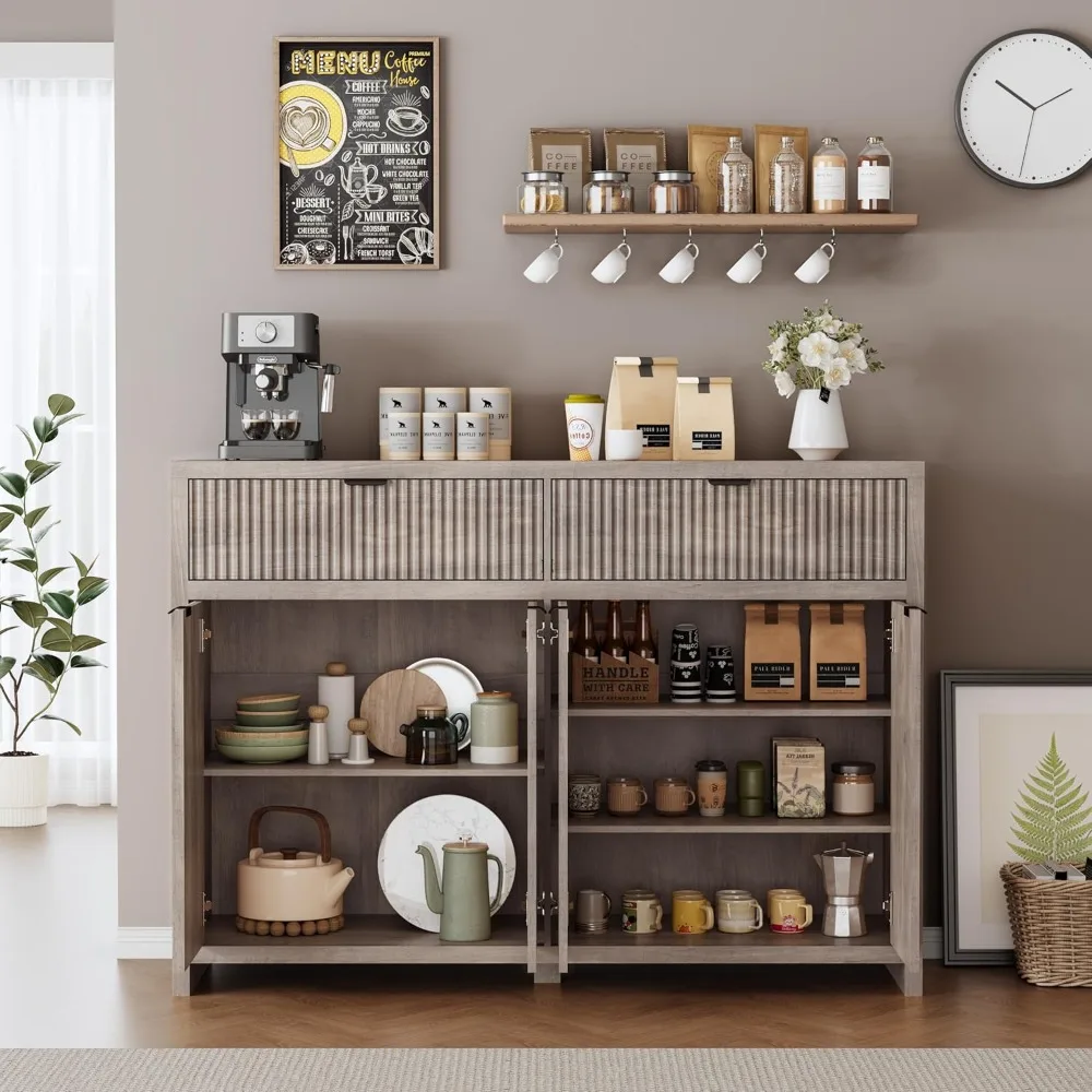 

Fluted Sideboard Buffet Cabinet with Storage Drawers, 55 Large Accent Storage Cabinet with Doors and Adjustable Shelf.
