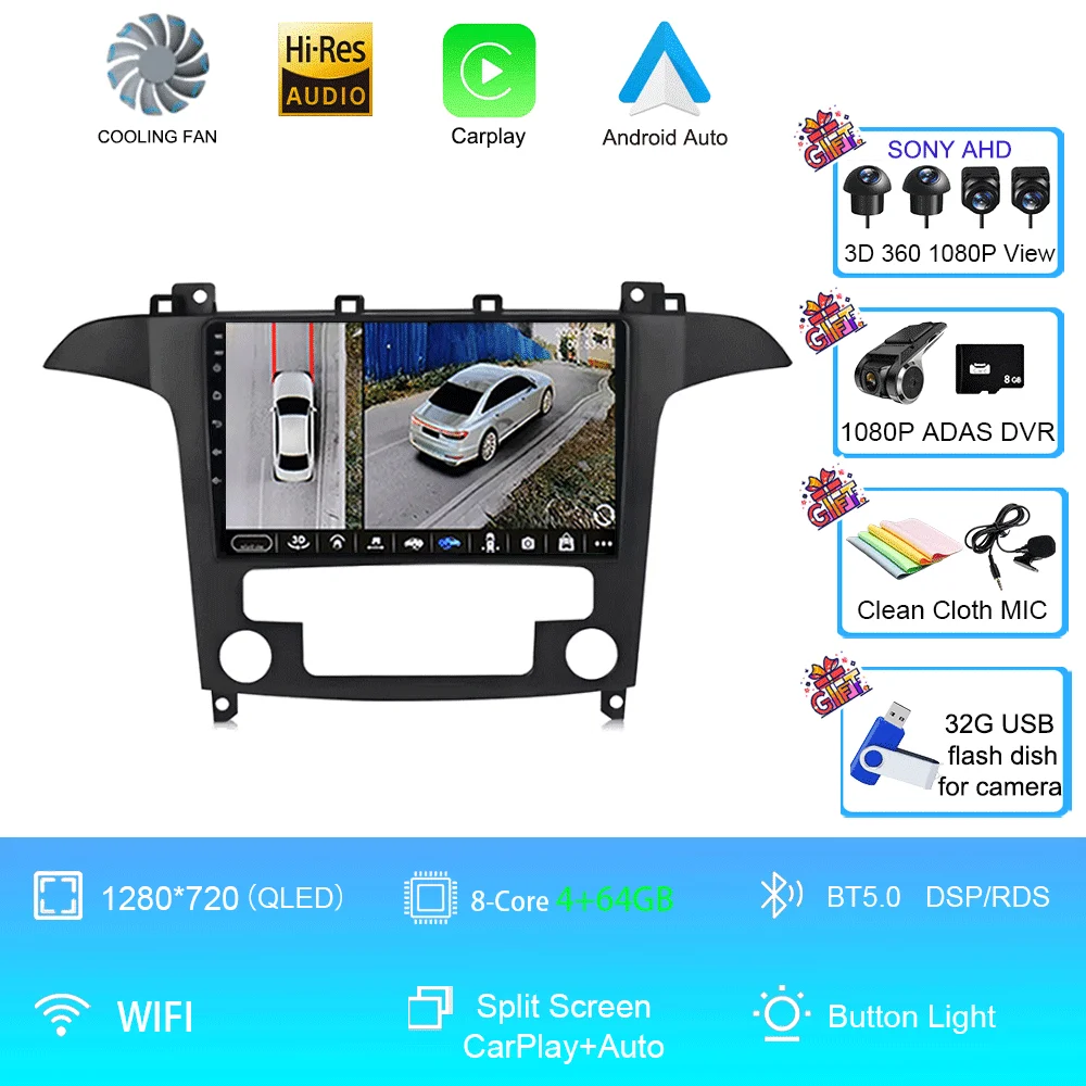 Android 16 voor Ford S-Max S-MAX 2007 2008 2009 2010 2011 - 2015 Videospeler Carplay Auto Multimedia Autoradio WIFI+4G DSP Stereo