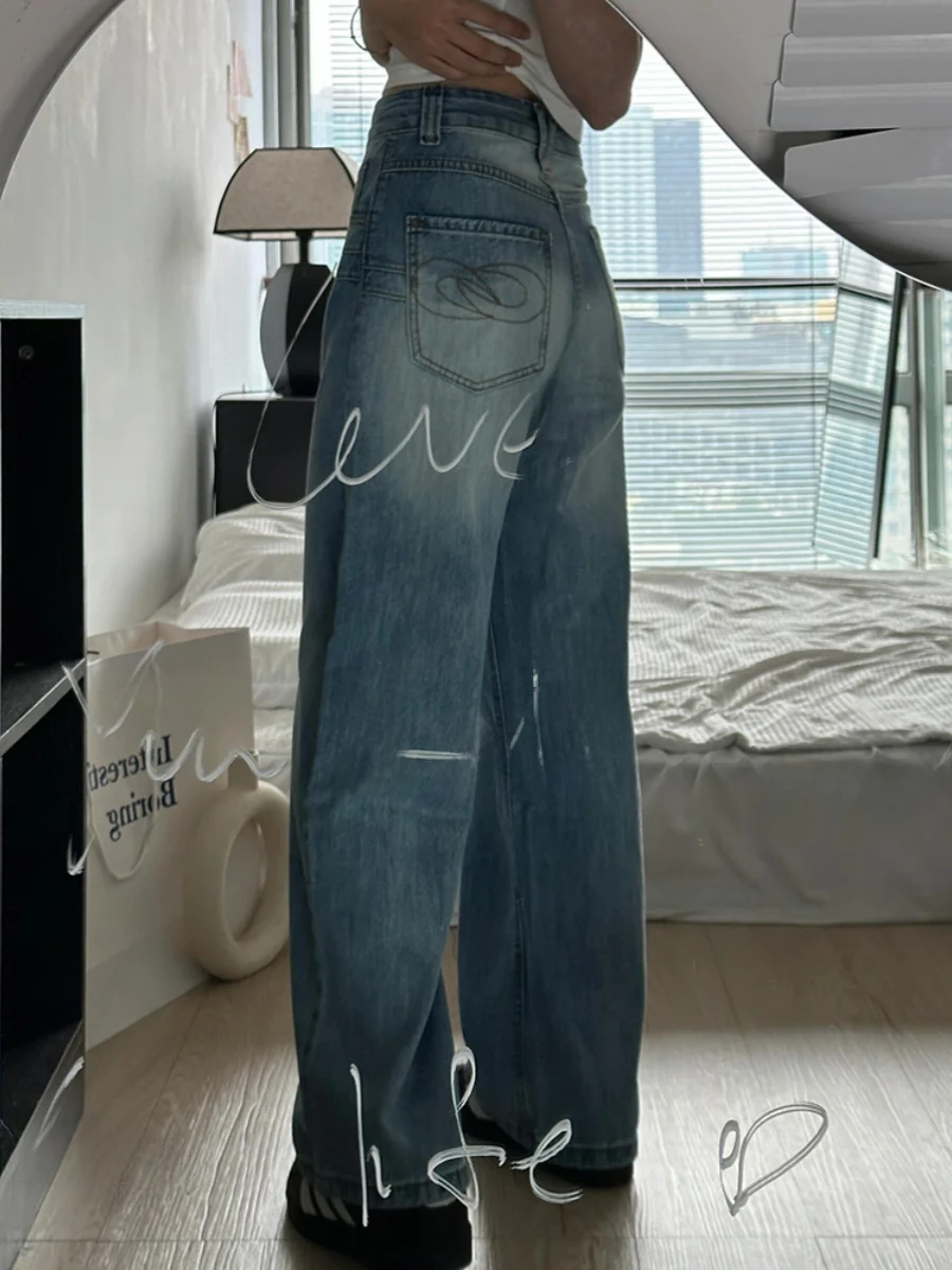 Amerikanische Retro-Jeans mit Stickerei, Hoher Taille, Geradem Bein, Schlankmachende Weite Hose für Damen, Sommer 2024 Neu A...