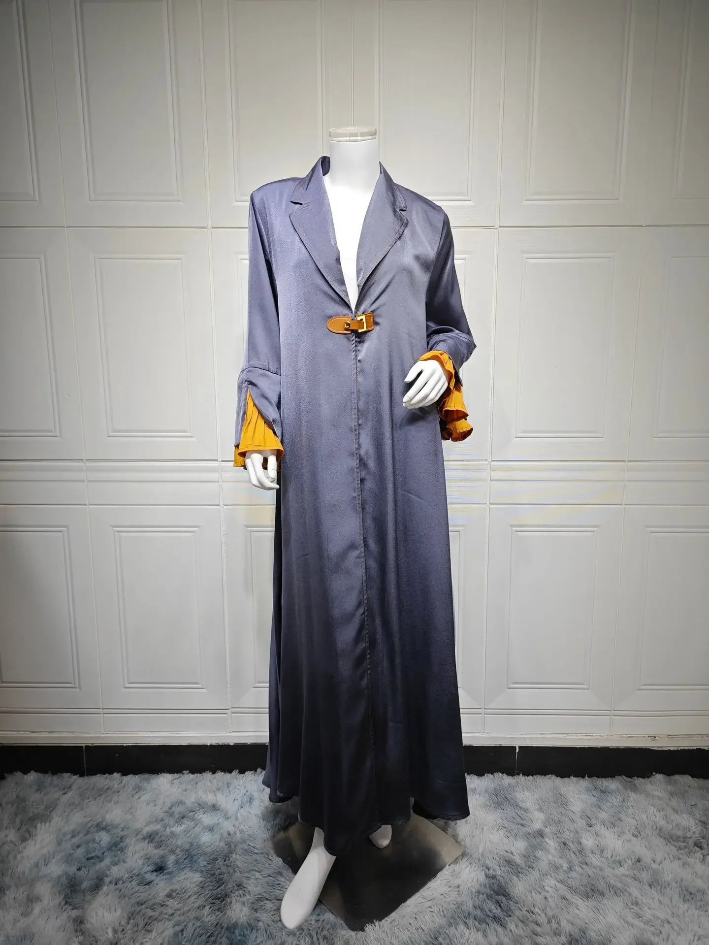 

Dubai Lapel Coat Open Kimono Abayas Women Muslim Dress Gray Cardigan Kaftan Jalabiya Caftan Musulman Femme Robe Islam Clothing
