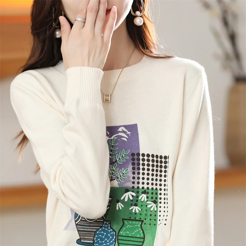 Autumn Round Neck Pattern Sweater Women's Temperament Knitted Light Cotton Pullover Fashion Top Winter Warm Bottoming Shirt