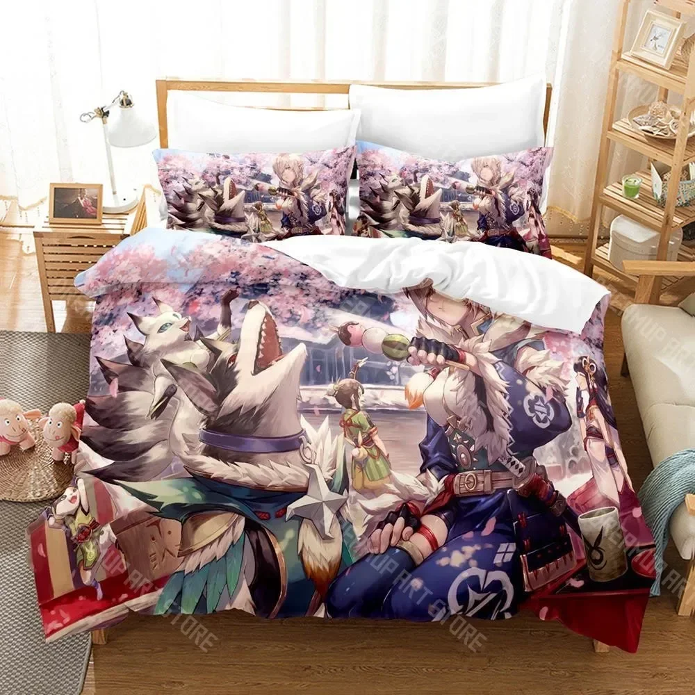 Exquisite 3D Print Monster Hunter Rise Bedding Set Cartoon Anime Three-piece Set Adult Kid Bedroom Duvetcover Sets 3D Game Monst