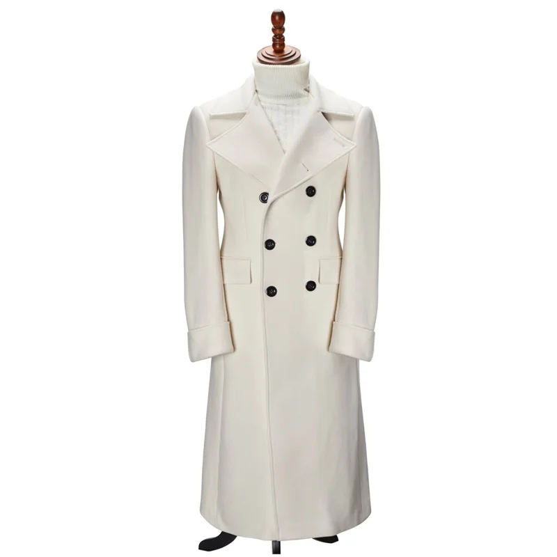 White Cashmere Men Suit Smoking Long Overcoat Custom Made Formal Wool Double Breast Business Thick Warm King Coat Jacket Outfit