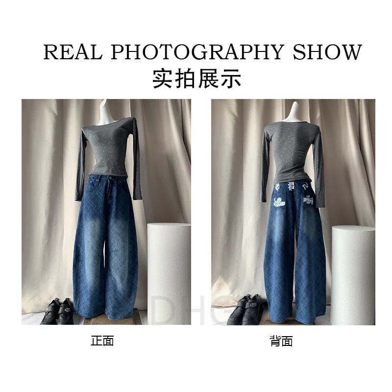 ReddaChic オーバーサイズ ブルー ジーンズ レタープリント ワイドレッグ ストレート デニムパンツ チェック柄 ファッション 秋 カジュアルウェア ロングパンツ