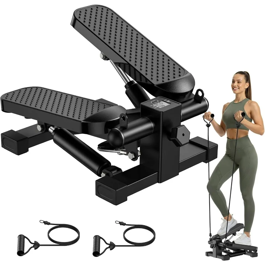 

Mini Stair Stepper with Resistance Bands for Home Office Use Portable Under Desk Twist Stepper in Black Full Body Workout Equip