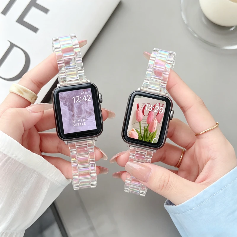 2PCS Women Bracelet for Apple Watch Series 10 9 8 7 se 6 5 4 Transparent Laser Strap for iWatch Band 46mm 42 38 49 44 40 45 41mm