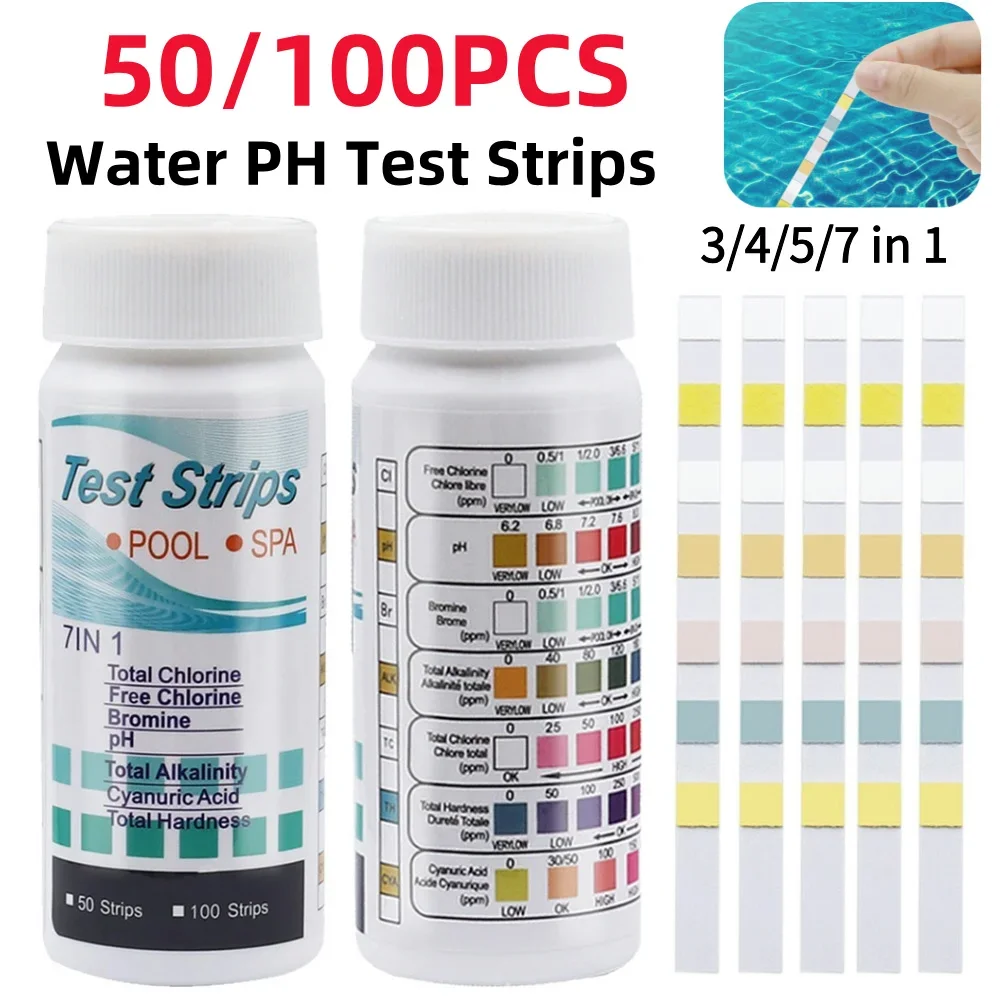 50/100 szt. Paski testowe PH wody 3/4/5/7 w 1 uniwersalny, precyzyjny tester twardości alkalicznej wartości chloru resztkowego