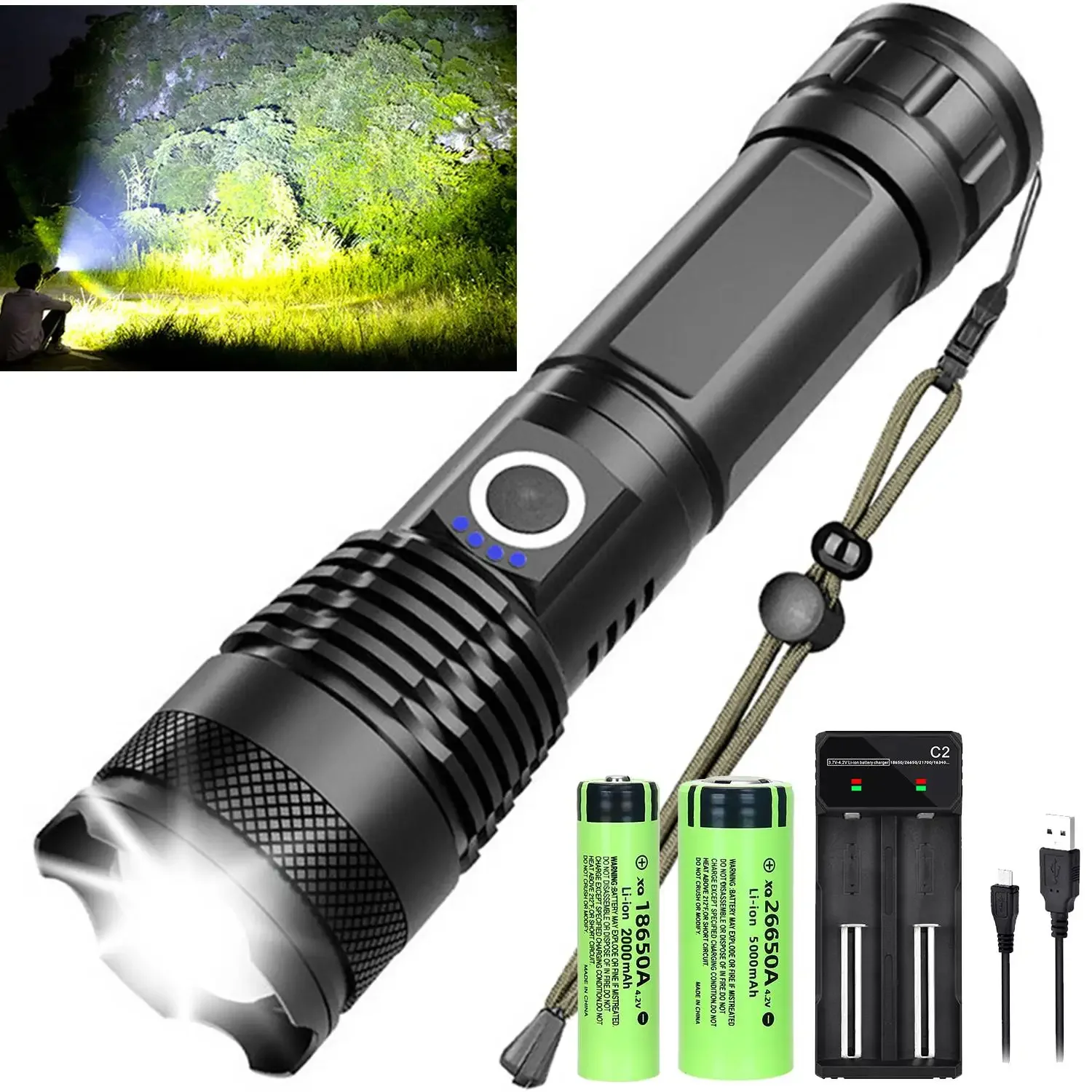 High power XHP70 rechargeable LED flashlight tactical telescopic zoom flashlight waterproof camping, outdoor,  emergency lights