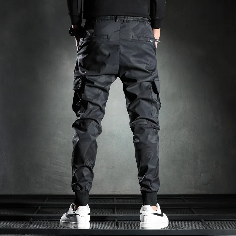 Korean Cargo Trousers 2024 Spring Autumn New Camouflage Elastic Drawstring Patchwork Pockets Fashion Slim Gradient Pants