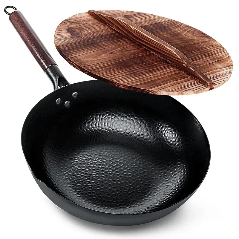 Sartén Wok de acero al carbono de 32cm, juego de Wok para freír con tapa de madera, sartén de fondo plano antiadherente para inducción eléctrica y estufa de Gas