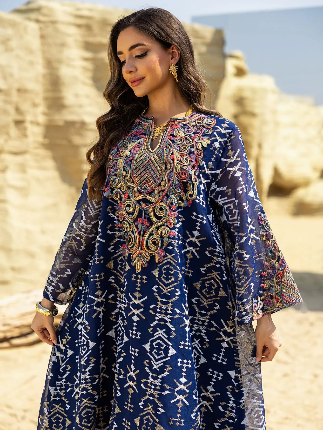 Abaya muçulmano Jalabiya moda malha bordada emendada ​ ​ Robe Médio Oriente Mulheres Vestido de Noite Mangas Compridas Vestidos de Festa