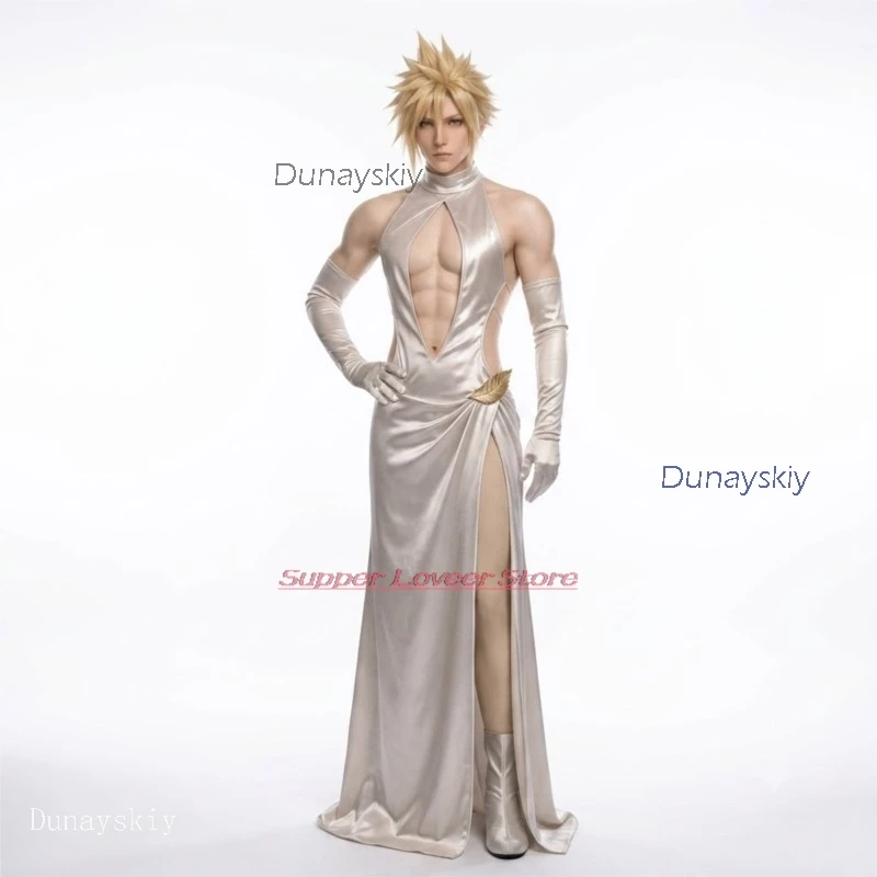 Anime cosplay Halloween costumes Game FF7 Cosplay Cloudoud Costume High Slit Wedding Dress Gown Evening Dress Gloves