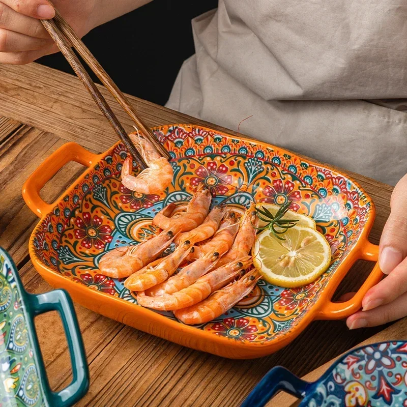 

1PC Bohemian Ceramic Binaural Square Plate Beautiful Plate For Home High Appearance Level Plate Fruit Plate Oven Microwave Plate