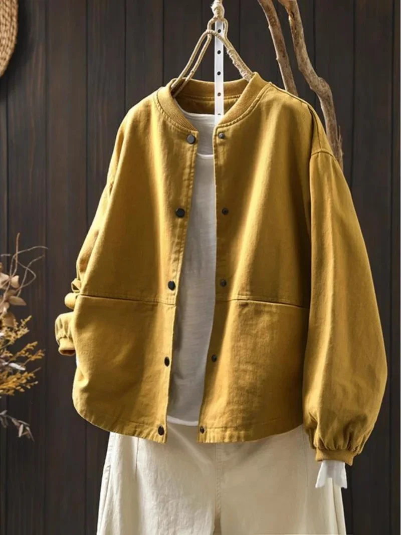 

Retro Bbaseball Jacket For Women Loose Spring And Autumn Cotton Stand Up Collar With Double Pockets Outerwear Top ZT205