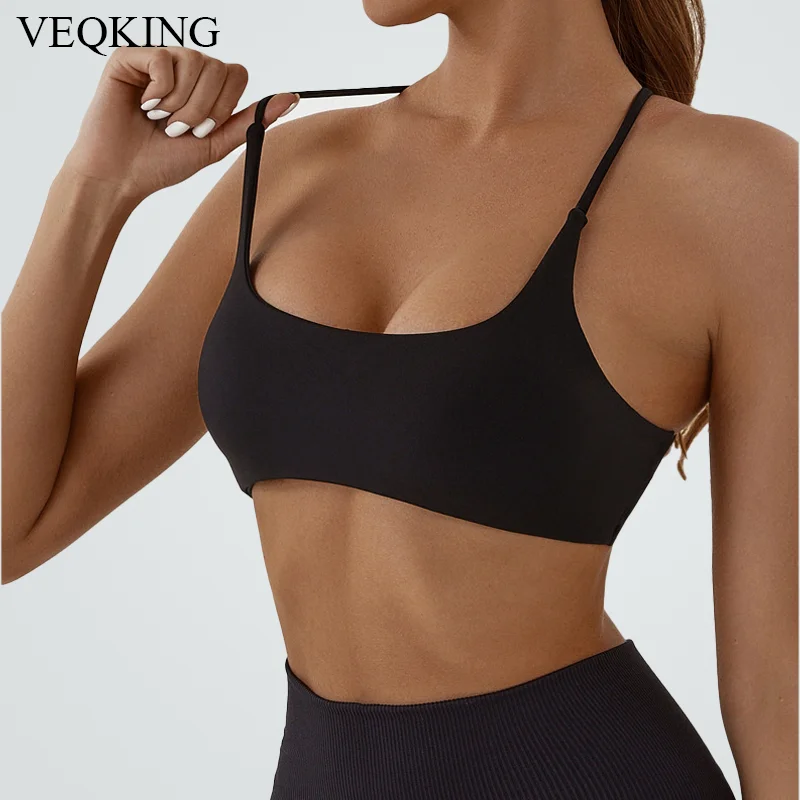 VEQKING Cross Back Women Yoga Bras Sexy Thin Straps Sports Bra Fitness Gym Tops Beauty Back Workout Bralette, Padded Bras