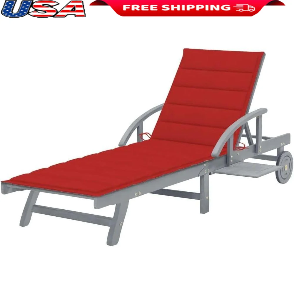 Patio Sun Lounger with Cushion Solid Acacia Wood Outdoor Furniture Comfortable Recliner Garden Pool Deck Relaxation