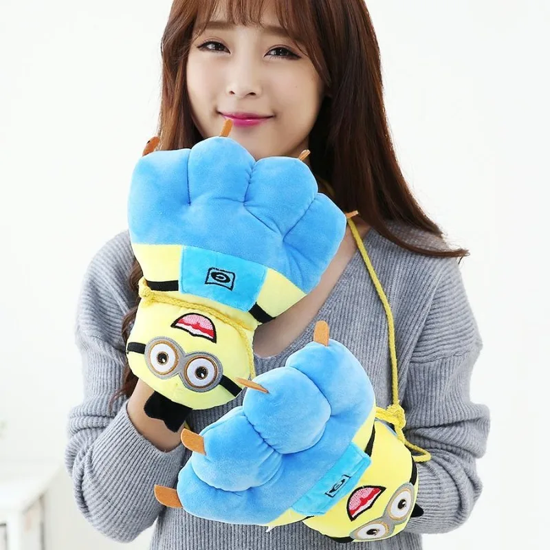 Despicable Me Minion Cartoon Cute Thickened Plush Soft Girl Cat Paw Model Winter Warm Children's Full Finger Gloves Wholesale