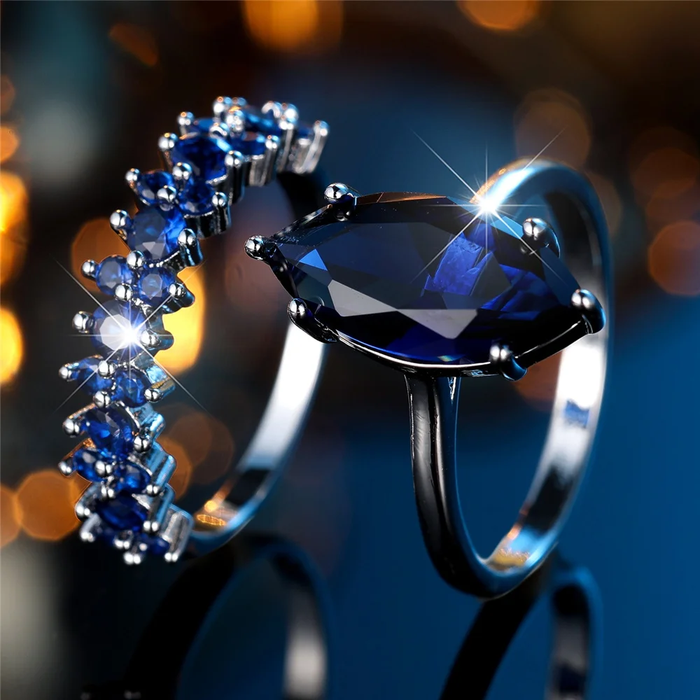 Female Blue Zircon Stone Engagement Ring Sets Vintage Silver Color Bridal Wedding Bands Party Jewelry For Women