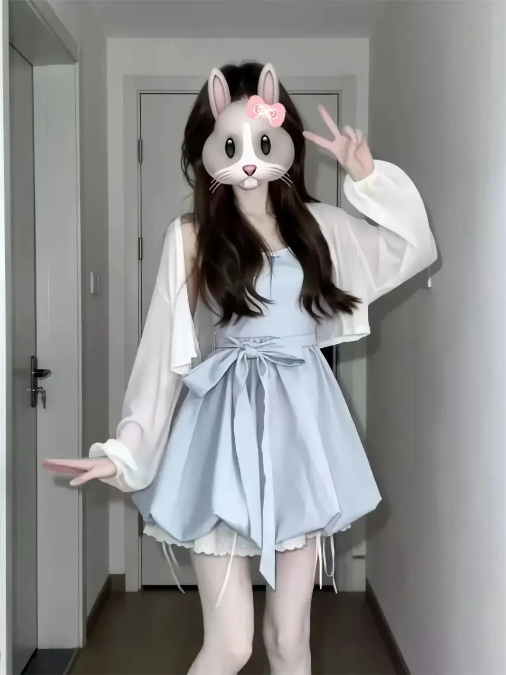 

Sweet Elegant School Style Knot Design Bloomer Halter Dress with Simple Versatile Open Cardigan Two Piece Set