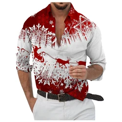 Christmas Style Men's Stylish Long Sleeve Shirt Breathable Red Tops Christmas Themed Pattern Full Sleeve Shirts Turn-Down Collar