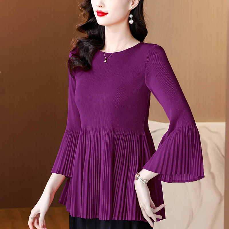 

Women's Solid Color Loose Blouse Fashion Pleated Spring Summer 3/4 Sleeve Casual O-Neck Shirts Women New Female Tops Clothing