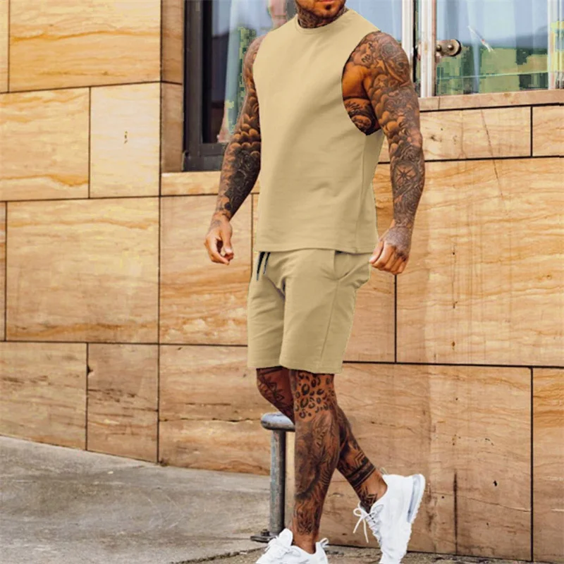 Men's Solid Color Simple Two-piece Sets Casual Thin Section Lace-up Five-piece Pants Sleeveless Tops Summer Sports Male Suits 23