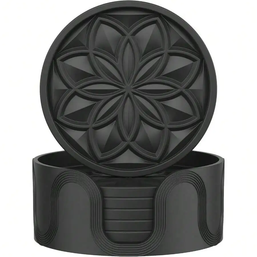 Silicone Coasters Set With Holder - 6 Pack Drink Coasters For Coffee Table Bar Desk Black view 5