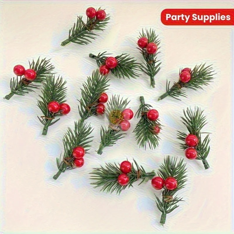 20 pieces of artificial Christmas pine branches with realistic red berries, plastic holiday flowers, DIY wreath accessories view 3