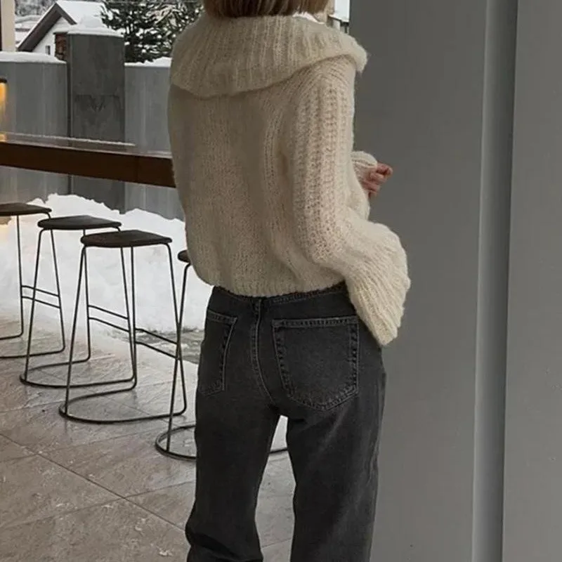 ヨーロッパとアメリカのクロスボーダースタイル 秋冬ファッション 韓国風ショート丈ラペル ホーンスリーブ ニットカーディガン セーター レディース