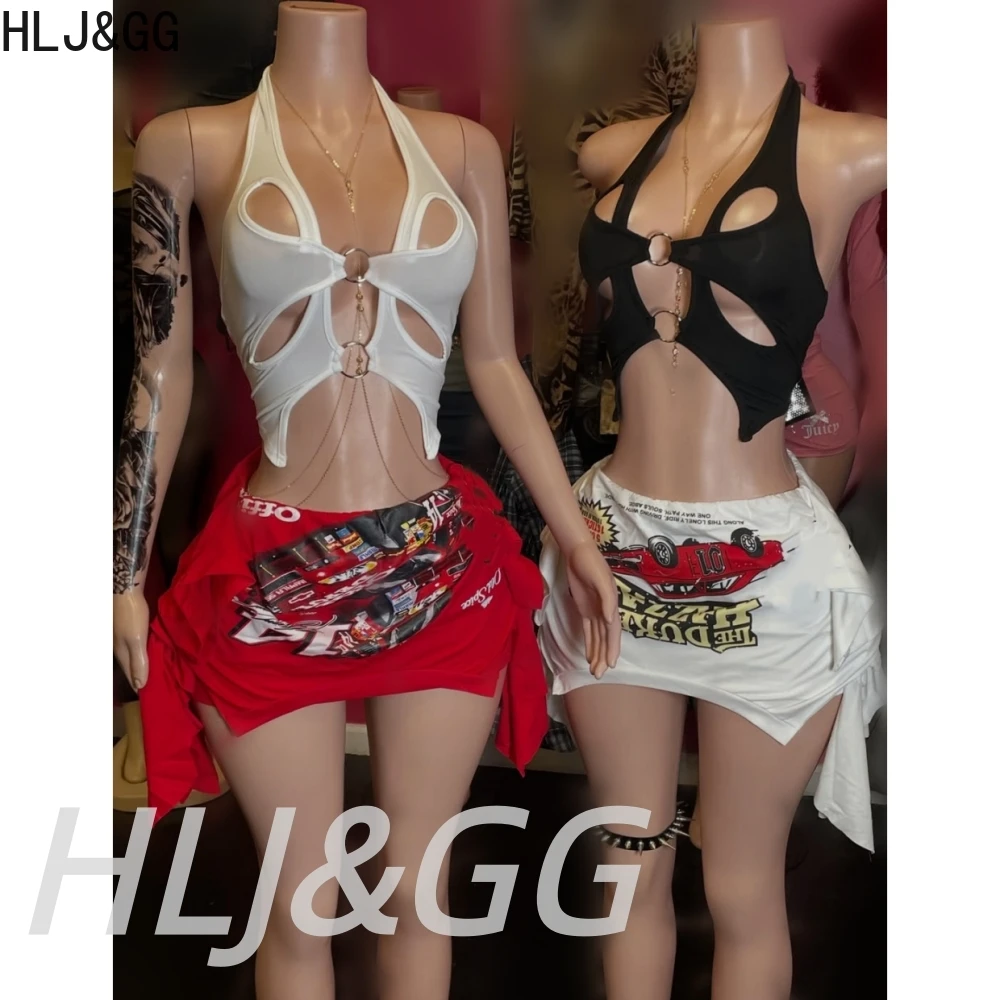 

HLJ&GG Y2K Sexy Biker Pattern Irregular Mini Skirts Two Piece Sets Women Halter Hollow Crop Top And Skirts Outfits Streetwear
