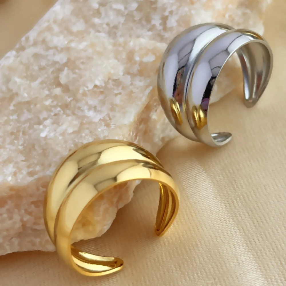 High Quality Stainless Steel Wide Chunky Rings Double Layer Adjustable Geometric Rings Trendy Unisex Open Ring
