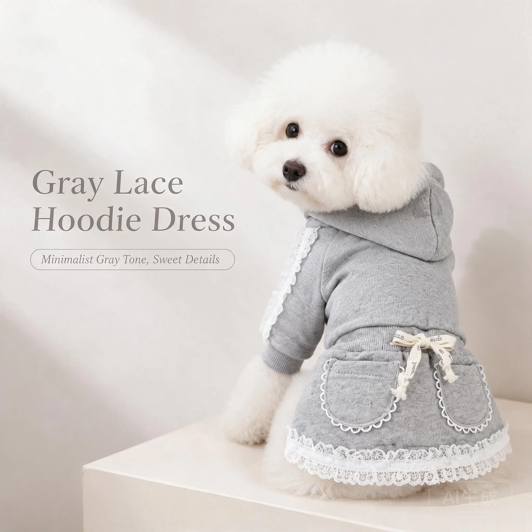 Grey Lace Trim Hooded Pet Dog Sweatshirt Dress With Drawstring Waist Pockets For Small Medium Dogs Casual Daily Wear Xs S M L Xl