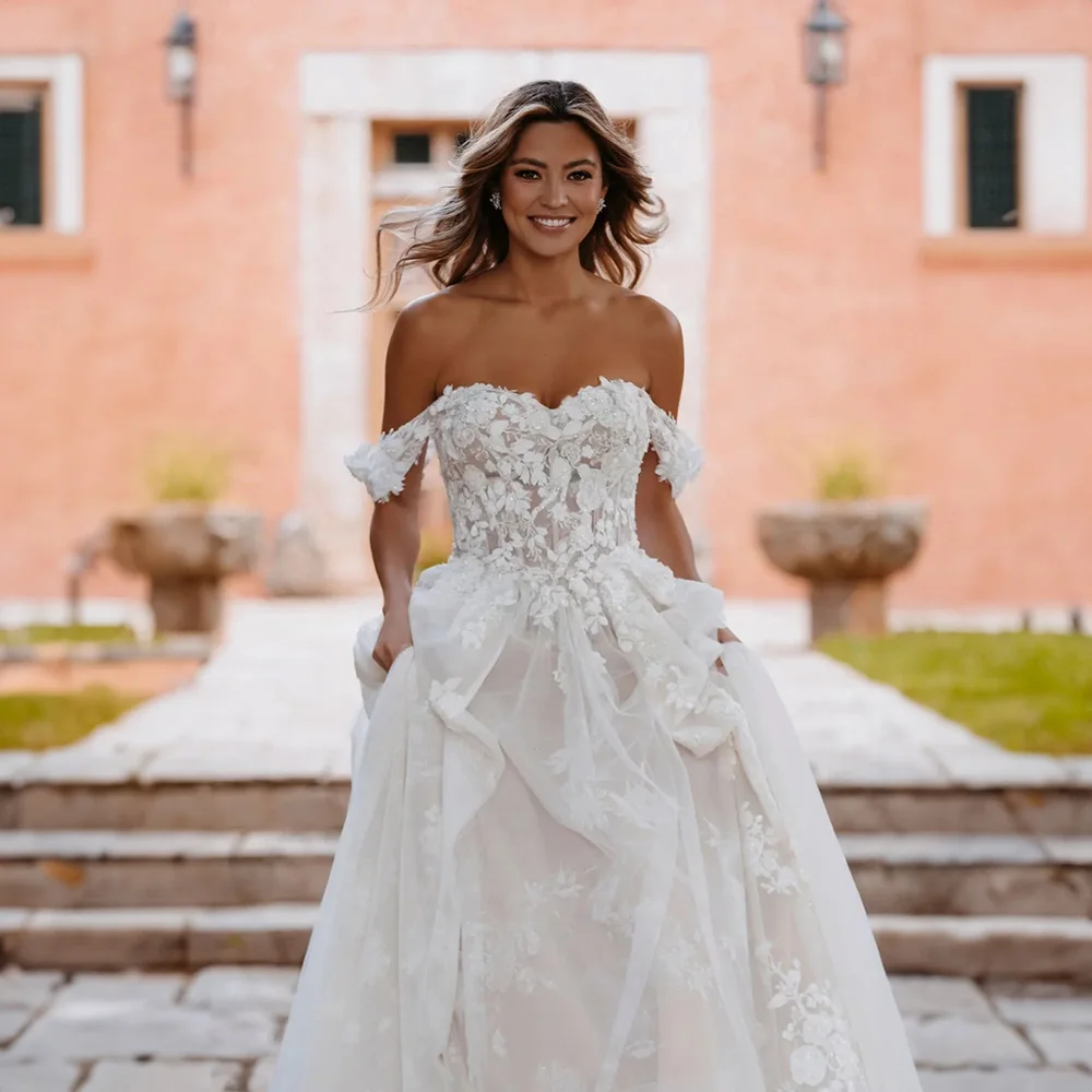 On Zhu Vestidos De Novia De encaje De lujo para mujer, línea A, escote Corazón, espalda abierta, apliques De tul, tren De corte